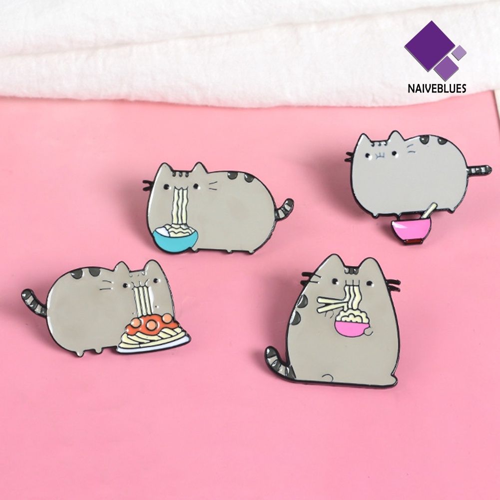 &lt; Naiveblues &gt; Kartun Lucu Kucing Gemuk Makan Mie Enamel Pin Kerah Lapel Perhiasan