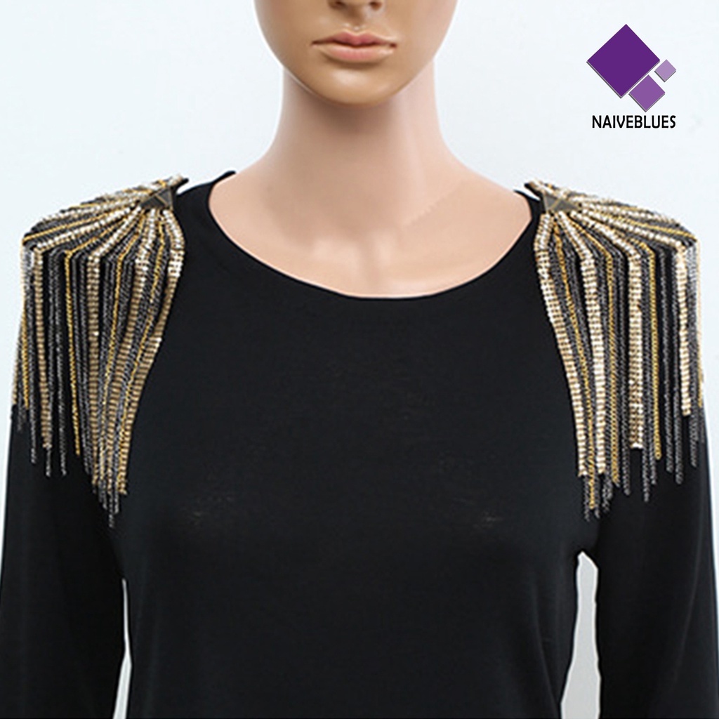 &lt; Naiveblues &gt; Bahu Epaulet Panjang Jumbai Logam Payet Berlian Imitasi Elegan Pria Wanita Papan Lencana Bros