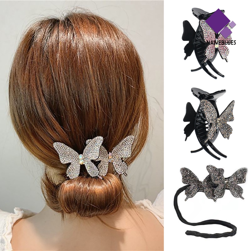 &lt; Naiveblues &gt; Gigi Silang Kuncup Ketat Kepala Jepit Rambut DIY Lady Shiny Butterflies Bun Hair Clip Hair