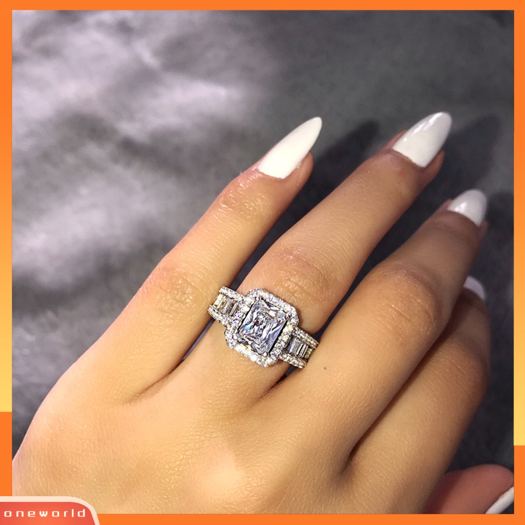 [EONE] Pernikahan Band Bersinar Persegi Berlian Imitasi Hypoallergenic Geometris Gaya Barat Hias Aksesori Bertatahkan Zirkon Lebar Band Cincin Wanita Perhiasan