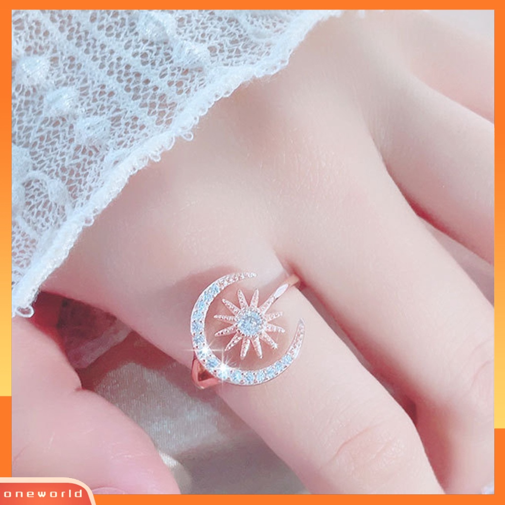 [EONE] Wanita Cincin Pembukaan Geometris Dainty Elegan Temperamen Hadiah Berlian Imitasi Tertanam Bintang Bulan Jari Cincin Aksesoris Perhiasan