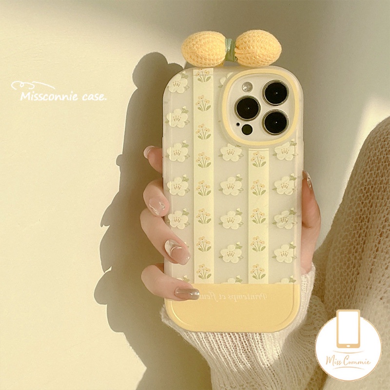 IPHONE 3d Bow-knot Hias Case Kompatibel Untuk Iphone11 14 13 12 Pro Max 7Plus XR 11 Pro Max X7 8 6 6s Plus XS Max SE 2020 INS Fashion Retro Bunga Kuning Telepon Lembut Tpu Cover