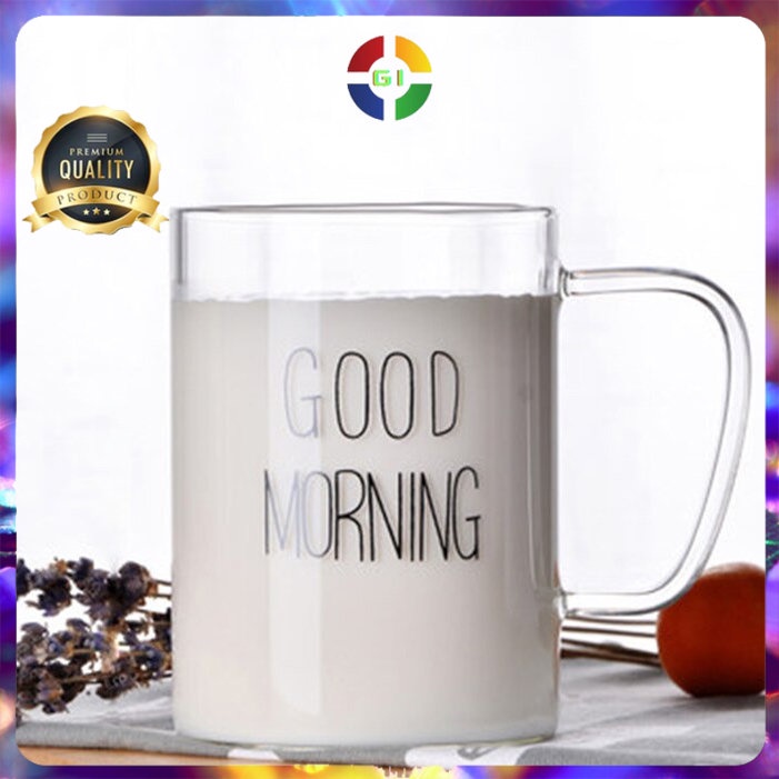 Gelas Glass Coffee Mug Desain Good Morning 400 ml Black