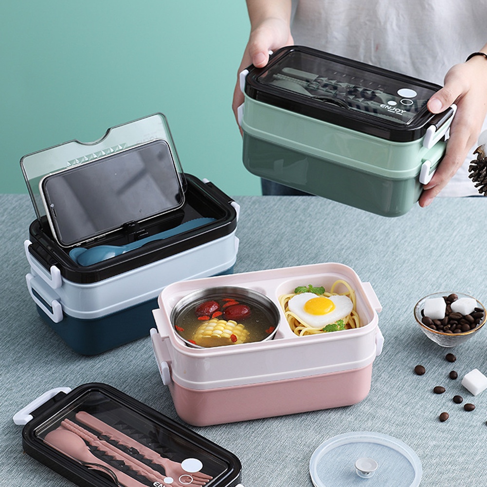 Lunch Box Leakproof Stainless Steel Picnic With Cutlery Adults Kids Double Layer