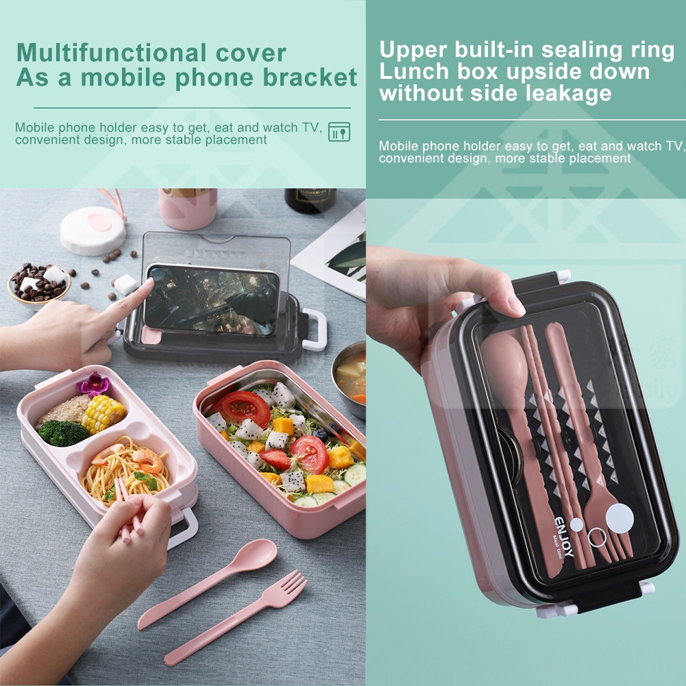 Lunch Box Leakproof Stainless Steel Picnic With Cutlery Adults Kids Double Layer