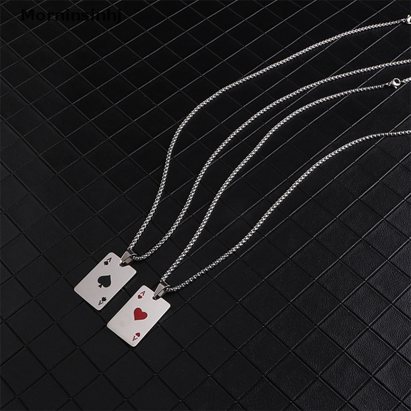 Mornin Pria Baja Titanium Poker Beruntung Ace of Spades Liontin Kalung Merah Hitam Warna Perak Baja Titanium Rantai Panjang Kalung Perhiasan id