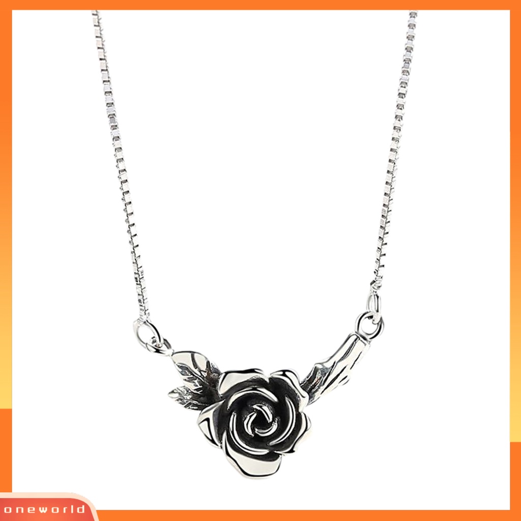 [EONE] Wanita Kalung Vintage Bunga Hitam Rose Stainless Desain Lama Leher Dekorasi Warna Perak Tepi Halus Rose Pendant Necklace Perhiasan Pesta