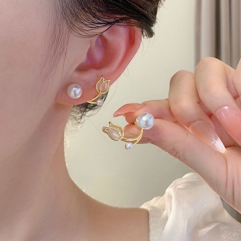 Anting Mutiara Tulip Emas Kristal Mermaid Tail Drop Earrings Untuk Wanita Fashion Aksesoris Perhiasan