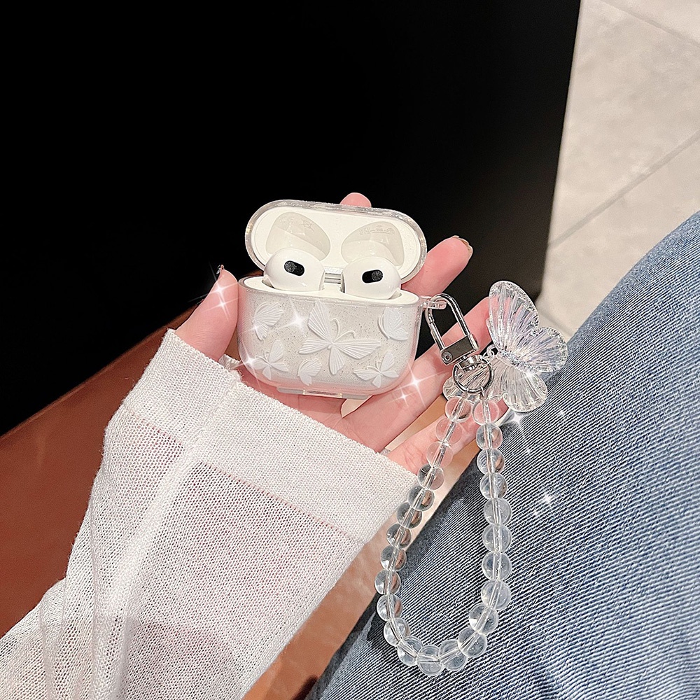 Airpods Motif Kupu-Kupu Transparan1 /2 Pro Pelindung Case TPU Soft Transparan Bluetooth Earphone Case Dengan Rantai Kupu-Kupu Transparan