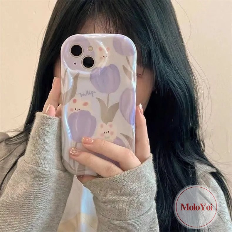 Casing Bunga Tulip Segar Kompatibel Untuk iPhone 7Plus XR 11 14 12 13 Pro Max X 7 8 6s 6 Plus XS Max SE 2020 Kelinci Lucu Shockproof Soft Tpu 3D Wavy Curved Edge Glossy Cover Case