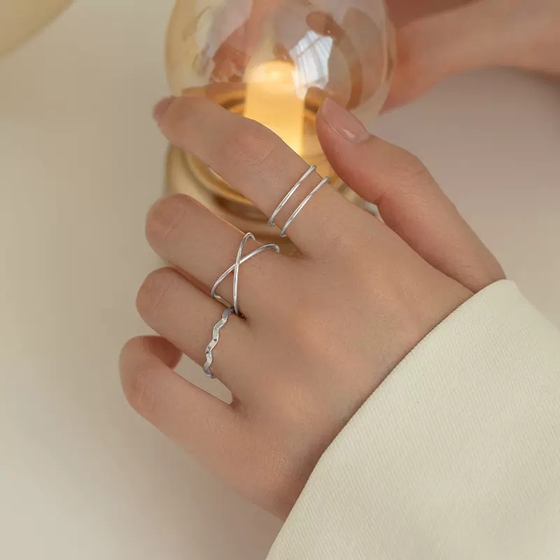 We Flower 3 Pcs Minimalis Perak Garis Geometris Silang Gelombang Cincin Set Untuk Wanita Gadis Korea Trendi Susun Jari Rings Perhiasan Aksesoris