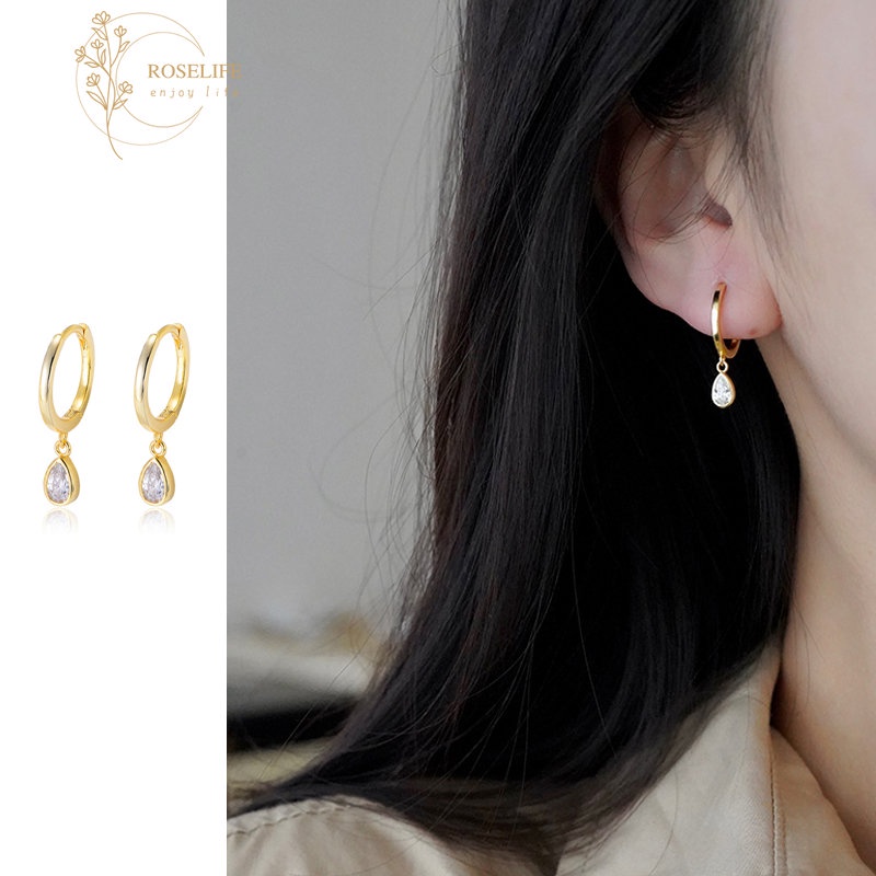 Roselife Vintage 14 K Emas Bersinar Zirkon Tetesan Air Anting Hoop Untuk Wanita Gadis Chic Geometris Kristal Pesona Lingkaran Anting-Anting Hypoallergenic Telinga Perhiasan Aksesoris