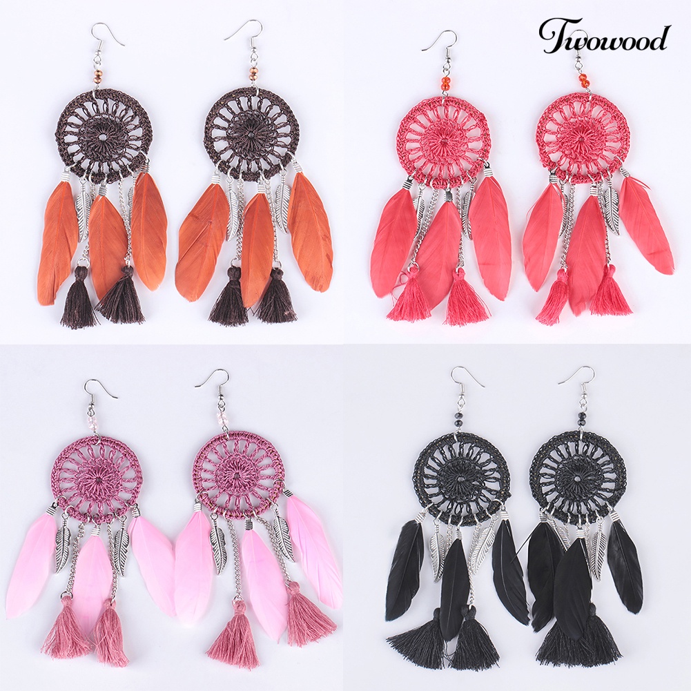 Twowood Ethnic Dream Catcher Rumbai Statement Hook Anting Juntai Panjang Wanita Perhiasan