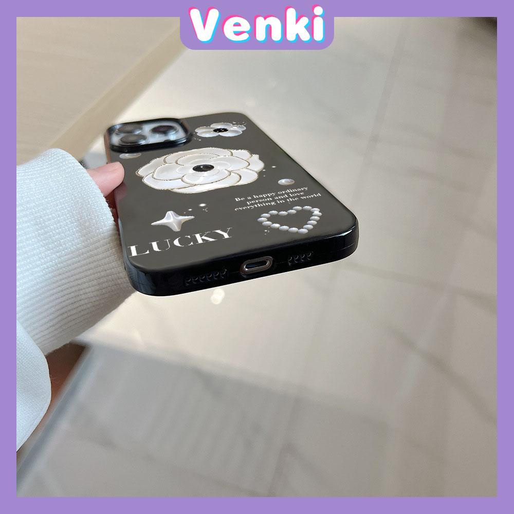 VENKI - For iPhone 11 iPhone Case Black Glossy TPU Soft Case Shockproof Protection Camera White Flowers Compatible with iPhone 14 13 Pro max 12 Pro Max xr xs max 7Plus 8Plus