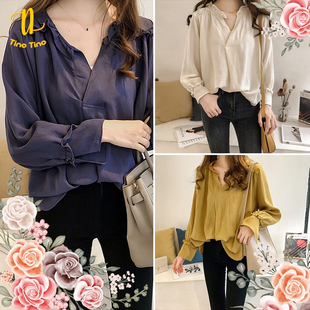 CJWT-01R TINO TINO WOMEN BLOUSE KOREAN TOP RUFFLE SLEEVES/ KEMEJA WANITA POLOS LENGAN PANJANG KASUAL