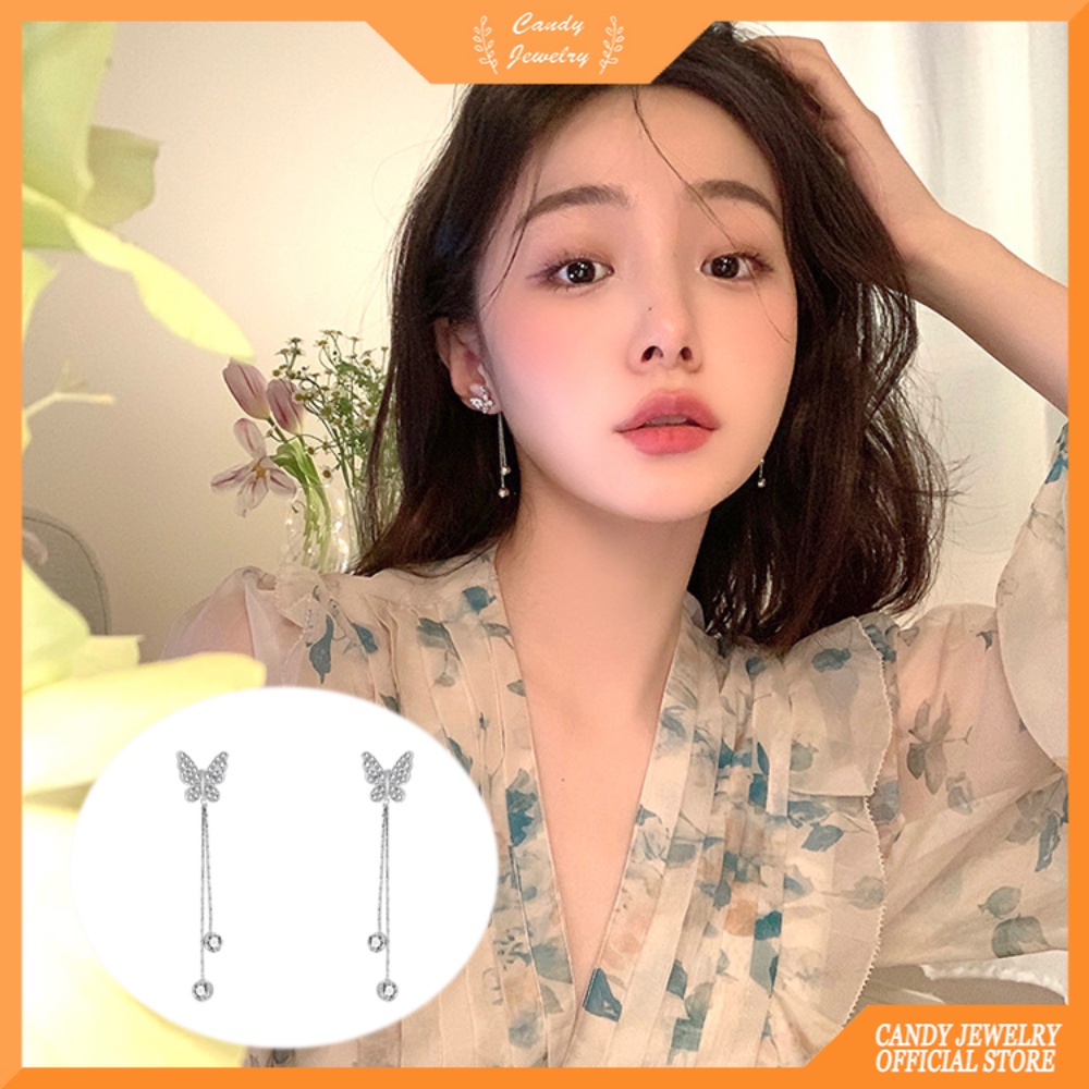 Anting Rumbai Kupu-Kupu Gaya Korea Desain Niche Wanita High-end Berlian Stud Earrings A Two-Wear Fashion Earrings Candy Jewelry