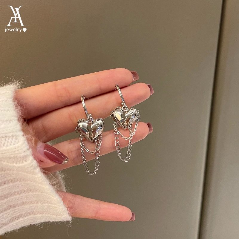 Ay (CN) Anting Split Heart Drop Earrings Rantai Rumbai Silver Pribadi Untuk Aksesoris Perhiasan Wanita