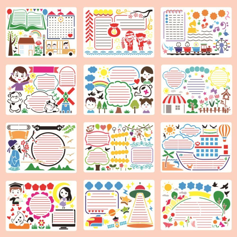 Mxbeauty Stensil Koran Papan Hitam 12 Pcs/Set Stensil Gambar Scrapbooking Berlubang Siswa Dicat Tangan