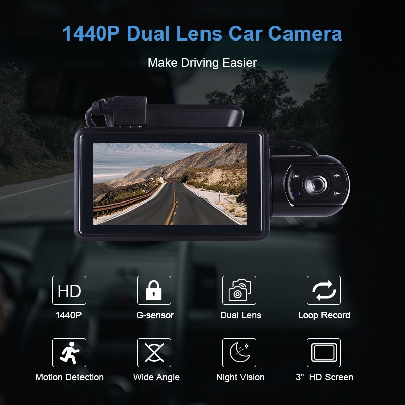 Dash Cam Mobil 1440p Dual Lens Front Inner Night Vision 3&quot; Ips Screen G-sensor 170°angle Loop Recording