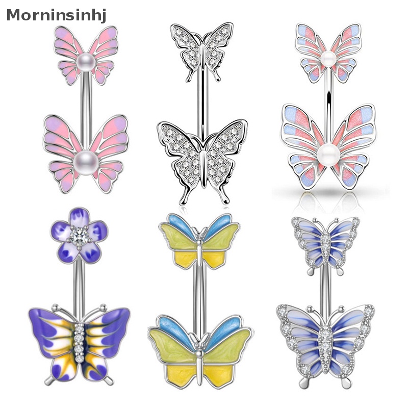 Mornin 1PC/6PCS Stainless Steel Butterfly Pearl Belly Button Ring Drip Minyak Pusar Kuku Tubuh Perhiasan Untuk Wanita Dekorasi Tubuh id