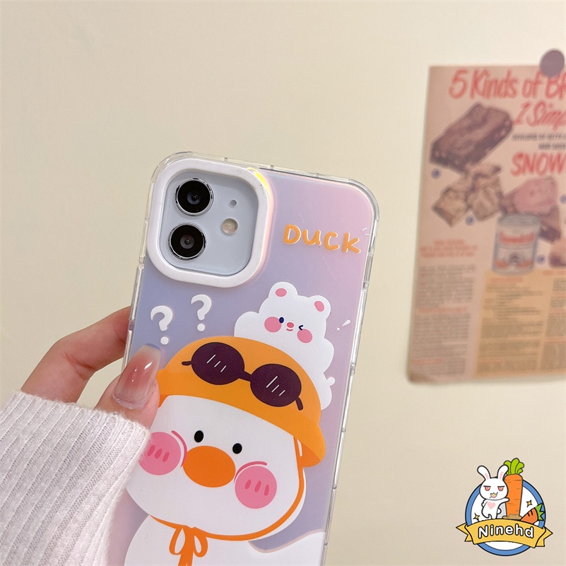 Casing Kompatibel untuk iPhone 14 13 12 11 Pro Max X Xr Xs Max 8 7 Plus SE 2020 Pola Bebek Lucu Bingkai Ponsel Karet Lembut Bingkai Laser Tombol Bening Tahan Guncangan Penutup Belakang TPU Lembut