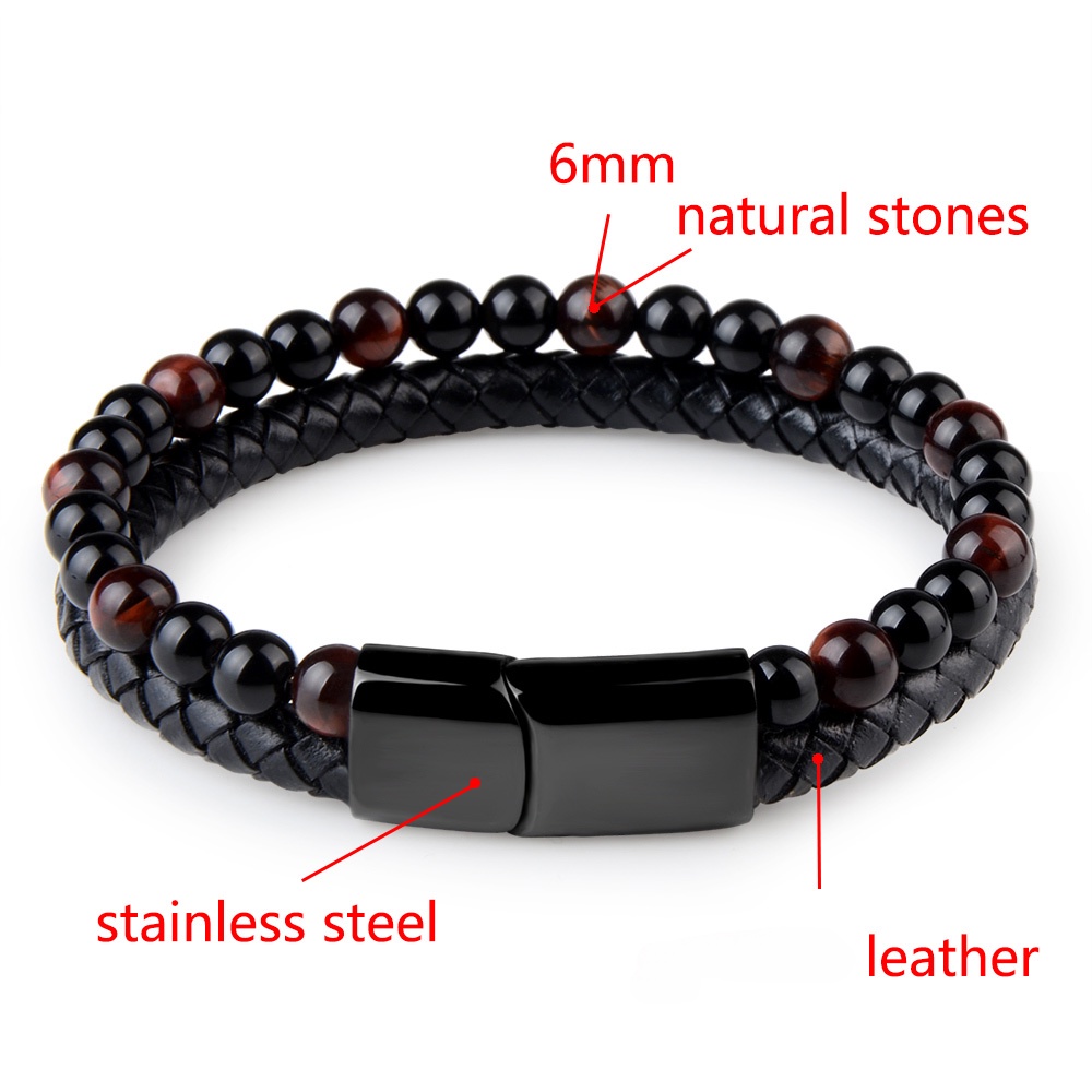 Batu Alam Kulit Dikepang Gelang Hitam Stainless Steel Magnetic Clasp Tiger eye Beads Bangle Pria Perhiasan