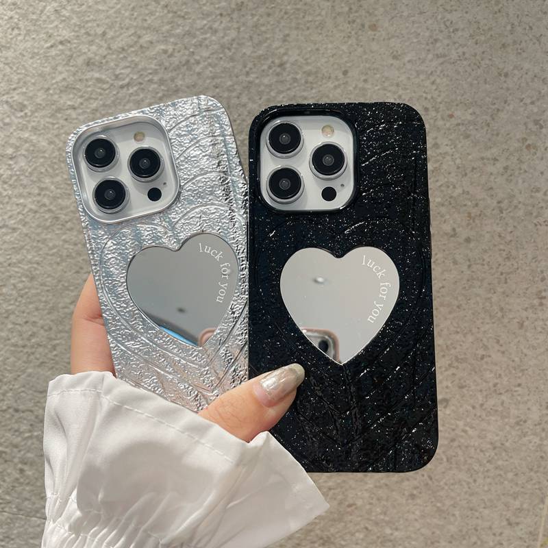 【Love Mirror】Fashion Pretty Matte Make up Mirror Silicone Case for iPhone XR XS Max 11 12 13 14 Pro Max Phone Case for Women Girl Gift Silver