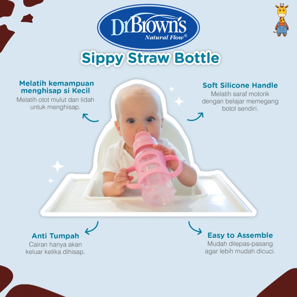 Dr.Brown's 8oz PP Narrow Sippy Straw Bottle W/Silicone Handles