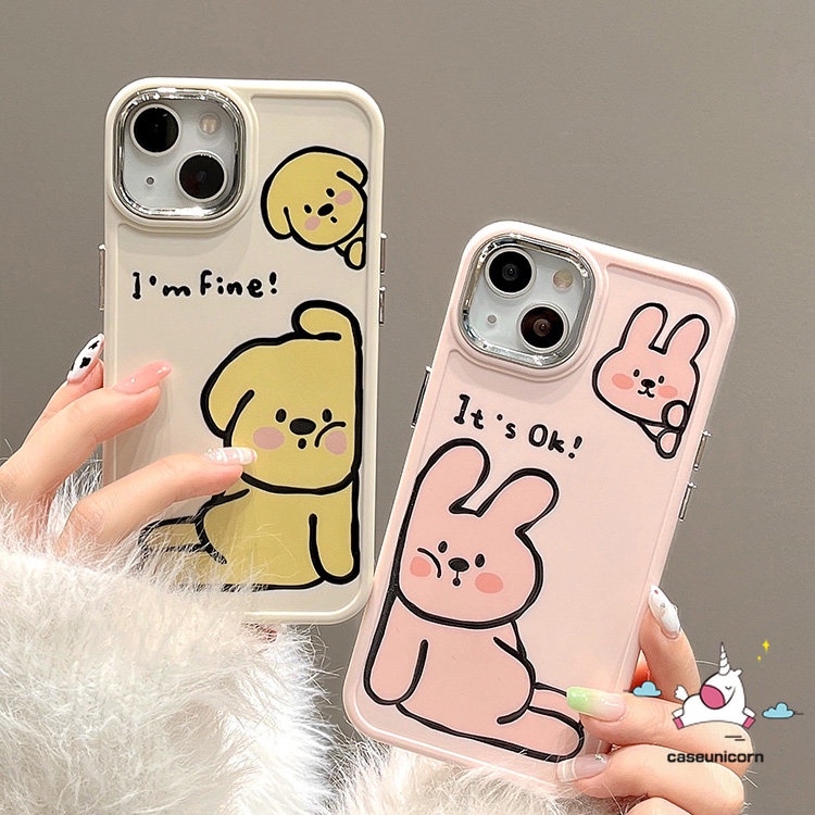 IPHONE Lovers Phone Case Kompatibel Untuk Iphone14 11 12 13 Pro Max7 8 Plus XR X XS MAX Kartun Lucu Lukisan Cat Minyak Cute Dog Rabbit Lembut Mewah Plating Metal Frame Lensa Pasangan Cover