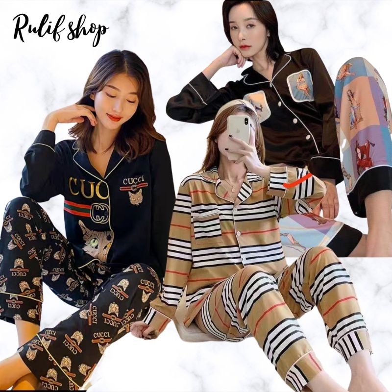 SETELAN SETCEL ONE SET  BAJU KAOS TIDUR PIYAMA PP WANITA DEWASA KATUN IMPORT KOREA MOTIF LENGAN PANJ