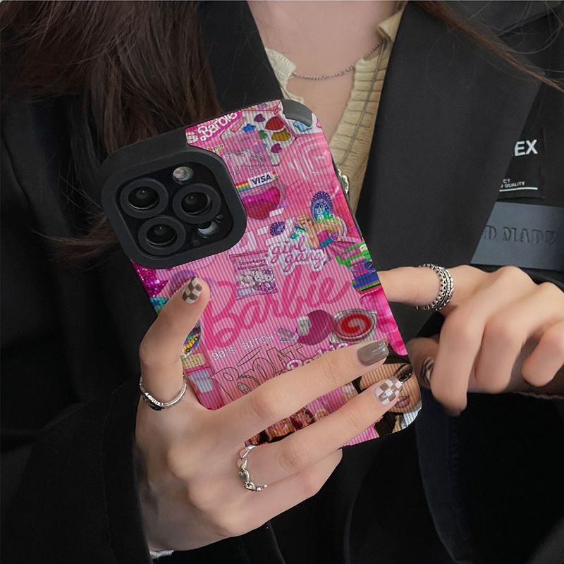 Skin Feel Soft sheepskin Leather Case IPhone 6S 7 8 Plus SE 2020 X XR XS Max 11 12 13 14 Pro Max 14 Plus Camera Protect for Women Girl Cute Pink Princess Barbie