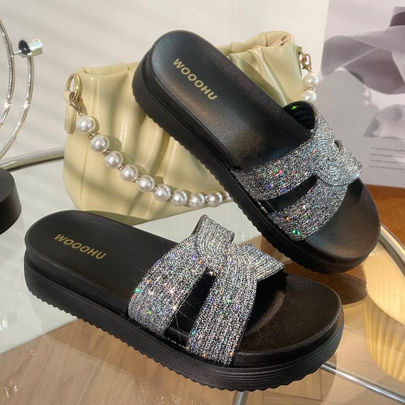 GROSIRTAS TG1716 Sandal Wedges Wanita Silang Motif Manik Manik Import Sandal Selop Silang Glitter Woohu Fashion Korea Terbaru