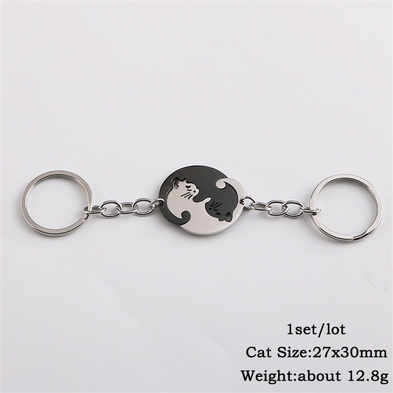 2 Pcs Lucu Hitam Putih Kucing Gantungan Kunci Patchwork Hati Bulat Pasangan Pecinta Keyring Stainless Steel Ransel Mobil Key Ring Perhiasan