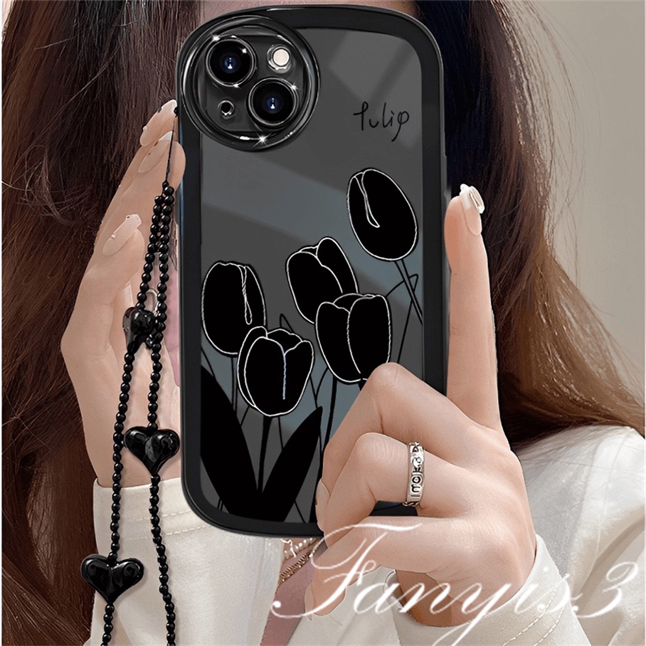 Compatible For iPhone 14 13 12 11 Pro Max X XR Xs Max 8 7 6 6s Plus SE 2020 Kompatibel Untuk Dark Black Tulip Phone Case Soft TPU Cover Ada Rantai