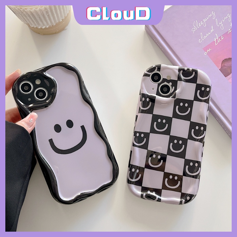 IPHONE Kartun Lucu Smiley Glossy Case Kompatibel Untuk Iphone11 14 13 12 Pro Max 7Plus XR X XS Max7 8 6s 6 Plus SE 2020 3D Wavy Curved Edge Lembut Shockproof Airbag Checkerboard Cover