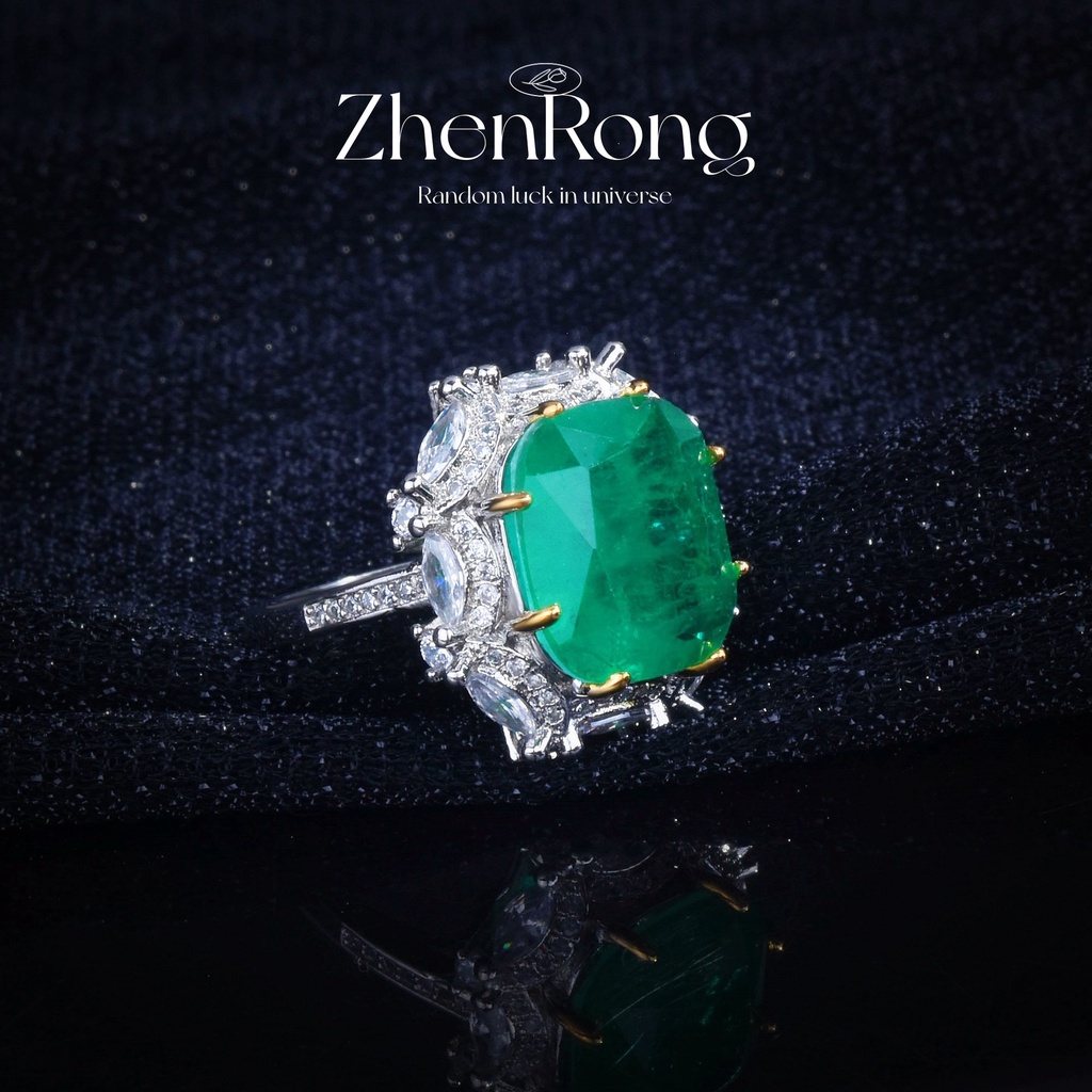 Goldkingdom Aksesoris Perhiasan Fashion Ready Stock Mewah Perak Natural Emerald Persegi Panjang Berlian Hijau Warna-Warni Harta Cincin Perempuan