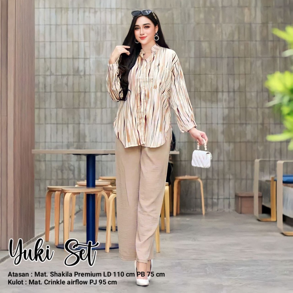 Yuki Set - One Set Wanita Shakila Twill Premium Setelan Baju Lengan 7/8 Set Celana Semi Kulot Kekinian LD 110 cm