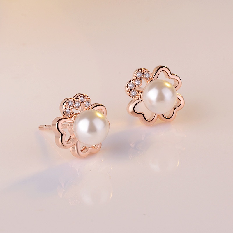 Goldkingdom Aksesoris Perhiasan Fashion Ready Stock Empat Daun Rumput Anting Mutiara, Berlian Perempuan Set Anting Mutiara Bulat, Rose Gold Pearl Earrings