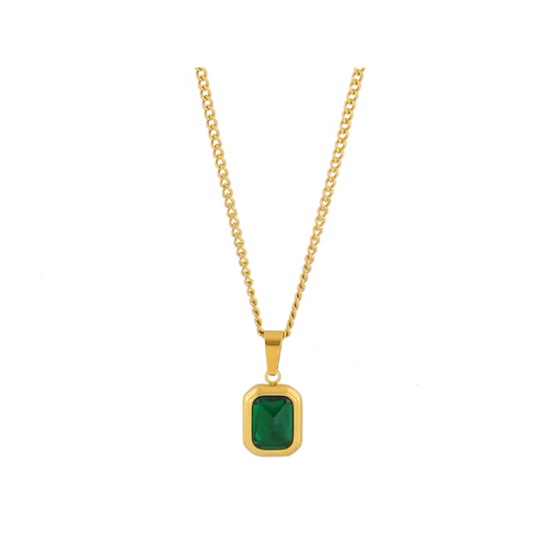 Kalung titanium Anti Karat Wanita Emas 18K vintage Liontin Batu Permata Hijau Lepas Pasang