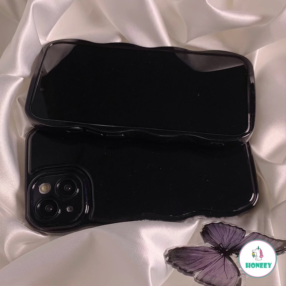 IPHONE Bingkai Gelombang Retro Hitam Pekat Glossy Untuk Apple14 Case Untuk Iphone11Tali Kupu-Kupu11 13 12 Pro Max Silikon Lembut Cover Pelindung