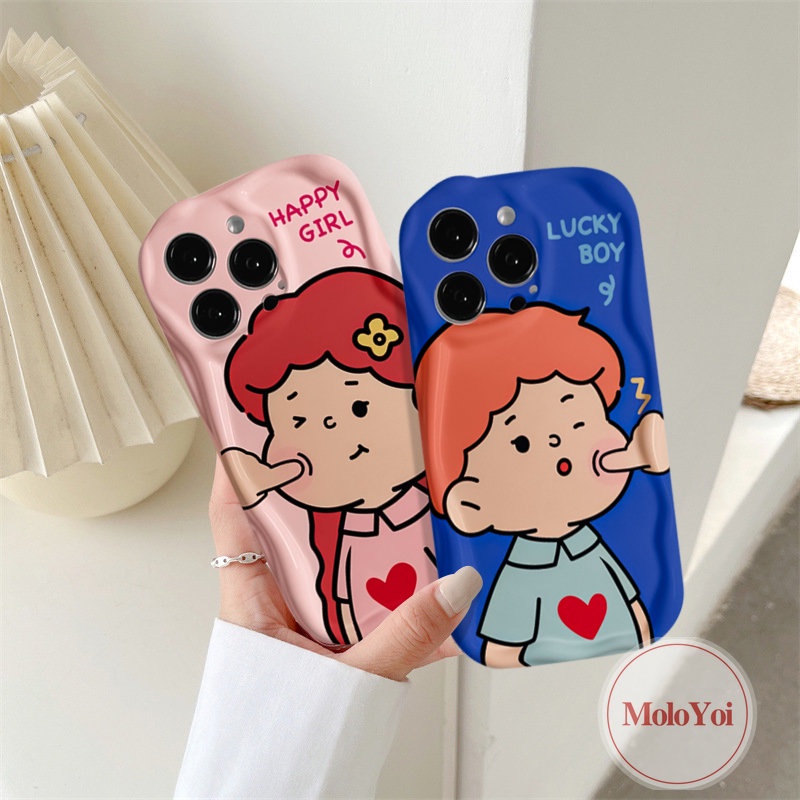 IPHONE Kartun Lucu Pasangan Gadis Bahagia Beruntung Boy Case Kompatibel Untuk Iphone6 7 6s 8plus11 14 12 13 Pro Max XR XS X Max SE 2020 Baru 3D Bergelombang Melengkung Tepi Telepon Lembut Tpu Pecinta Cover