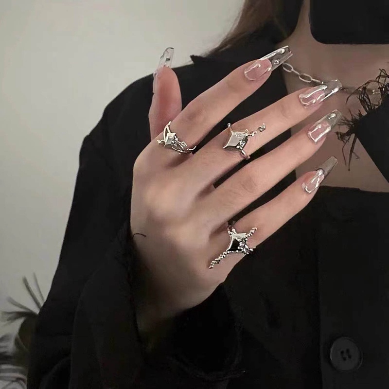 Cincin Bintang Silang Tidak Teratur Desain Baru Multilayer Punk Zirkon Bintang Ekor Terbuka Cincin Untuk Wanita Gothic Geometris Rings