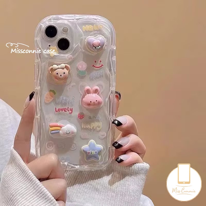 IPHONE Boneka 3D Kelinci Lucu Beruang Fantasi Awan Bintang Glossy Bergelombang Lengkung Tepi Case Cocok Untuk Iphone7 6 6s 8plus11 14 13 12 Pro Max X XR XS Max 7Plus SE 2020 Lembut Segar Bunga Cover