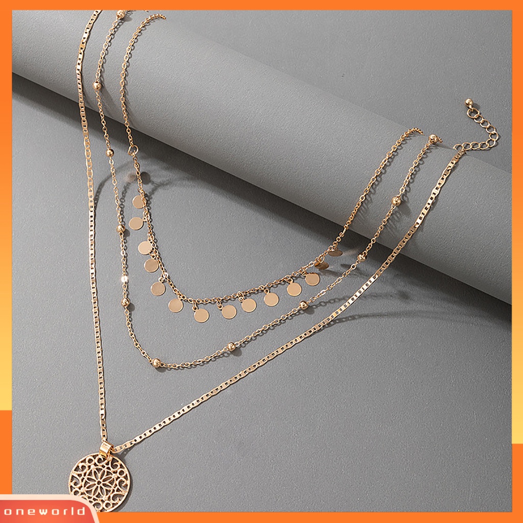 [ONE] Kalung Berongga Bulat Liontin Perhiasan Aksesoris Alloy Fashion 3lapis Choker Necklace Untuk Wanita