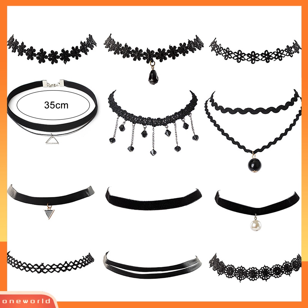 [ONE] 12 Pcs/set Mutiara Imitasi Menjuntai Pola Bunga Wanita Kalung Ringan Gothic Vintage Renda Kerah Kalung Perhiasan Aksesori