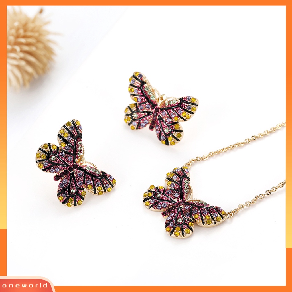 [ONE] 1set Set Perhiasan Bersinar Kupu-Kupu Berbentuk Temperamen Menarik Kilau Cerah Dekorasi Electroplating Lady Dress Leher Rantai Anting Wanita Aksesori