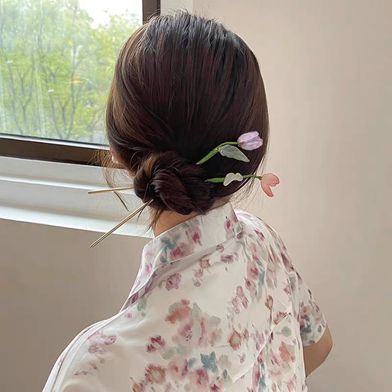 Jepit Rambut Tulip Segar Kecil Temperamen Manis Bola Jepit Rambut Modern All-Match Hanfu Bulang Perempuan