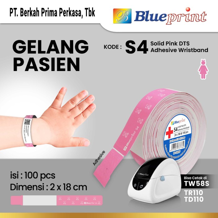 

Direct Thermal Stiker ID Band BLUEPRINT 20x180 mm Gelang Pasien Anak -Pink Solid