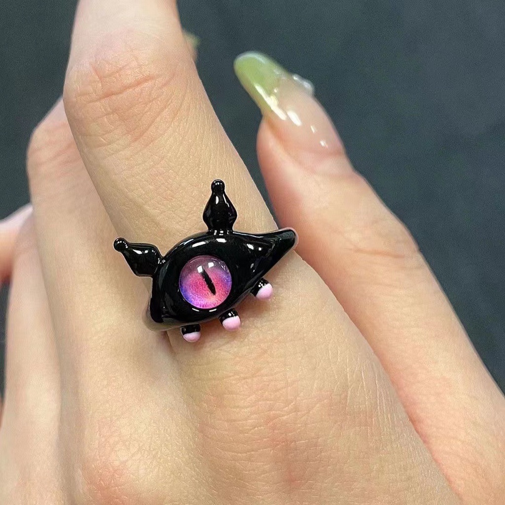 Cincin Monster Kecil Pink Hitam Desain Niche Perempuan High-end Pembukaan Cincin Jari Telunjuk2023Cincin Keren Trendi