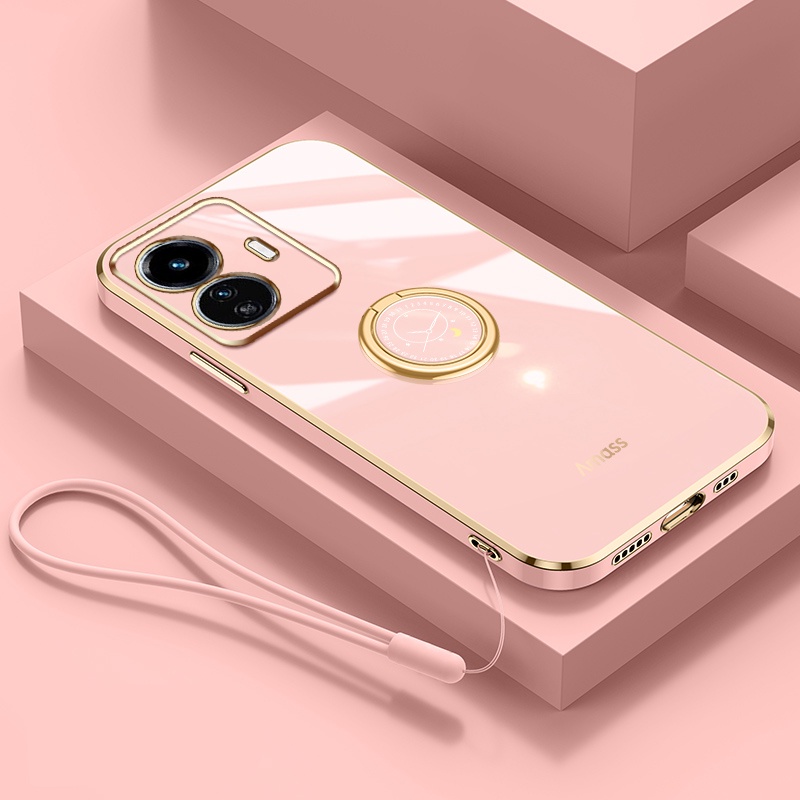 Andyh Casing Ponsel Silikon Ultra Tipis Untuk Vivo Y77 Y77E T1 Y02S Y16 Deluxe Fall Protection Gold Band Dengan Jam Cincin Dan Lanyard Gratis